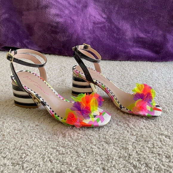 Betsey Johnson Shoes - Betsy Johnson, Kove Block Heel Sandal, Black Multi, Neon Pink, Purple, Stripe, 7